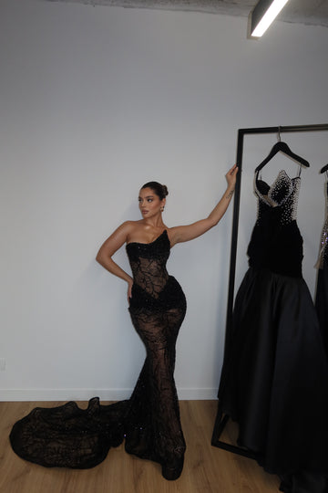 Strapless embellished mesh dress