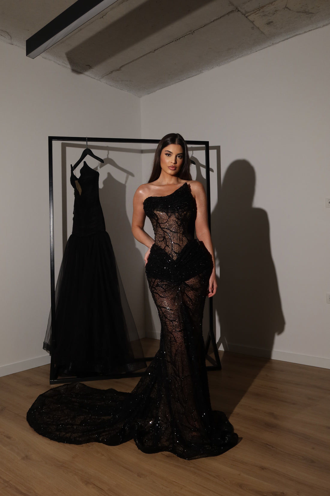 Strapless embellished mesh dress